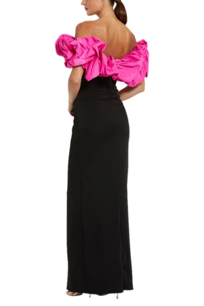 Mac Duggal Crepe & Faille Off The Shoulder Gown In Black Hot Pink