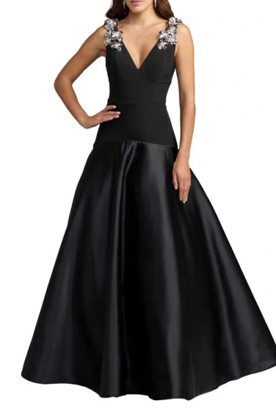 Mac Duggal Crepe And Satin Plunging V-neck Ballgown In Black