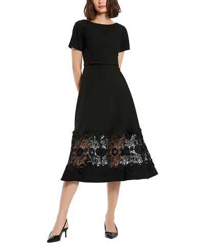 Mac Duggal Crepe Boat Neck Belted Lace Illusion Midi Dress In Black