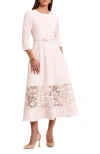 Mac Duggal Crepe Boat Neck Midi Dress With Applique Cut Out In Blush
