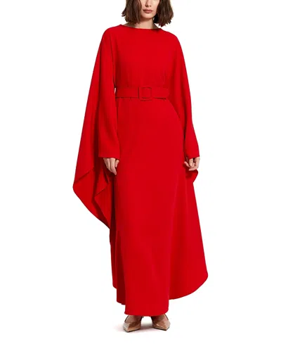 MAC DUGGAL CREPE BOAT NECK SHAWL GOWN WITH BELT