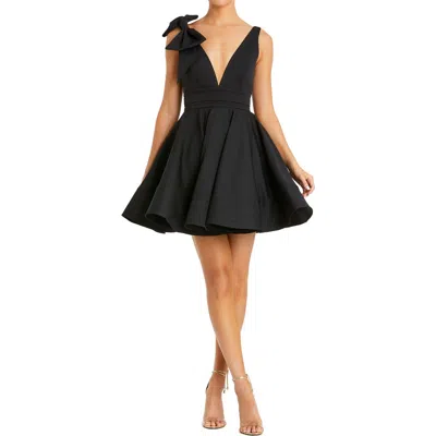 Mac Duggal Crepe Bow Strap Fit And Flare Mini Dress With V Neck In Black