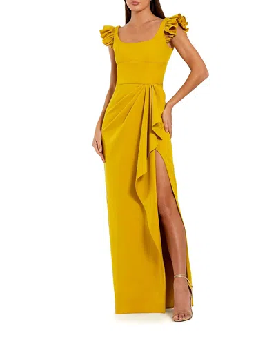 Mac Duggal Crepe Column Square Neck Gown With Ruffle Detail In Yellow