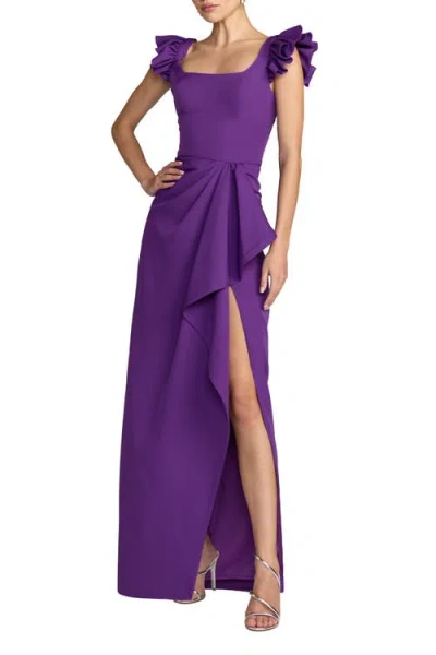 Mac Duggal Crepe Column Square Neck Gown With Ruffle Detail In Purple