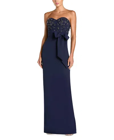 Mac Duggal Crepe Embellished Bustier Strapless Gown With Bow In Blue