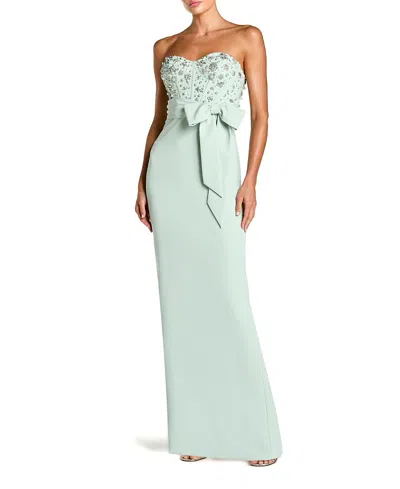 Mac Duggal Crepe Embellished Bustier Strapless Gown With Bow In Blue