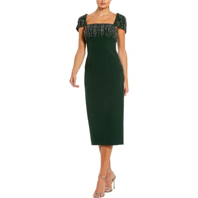 Mac Duggal Crepe Embellished Cap Sleeve Fitted Midi Dress In Green