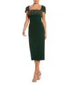 Mac Duggal Crepe Embellished Cap Sleeve Fitted Midi Dress In Green