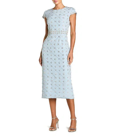 Mac Duggal Crepe Embellished High Neck Cap Sleeve Midi Dress In Blue