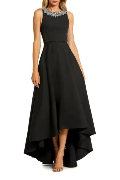 Mac Duggal Crepe Embellished Neck High Low Gown In Black
