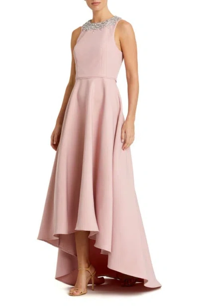 Mac Duggal Crepe Embellished Neck High Low Gown In Pink