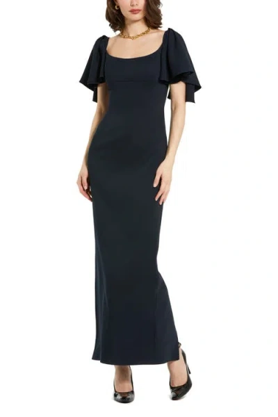 Mac Duggal Crepe Fitted Gown With Short Ruffle Sleeves In Black
