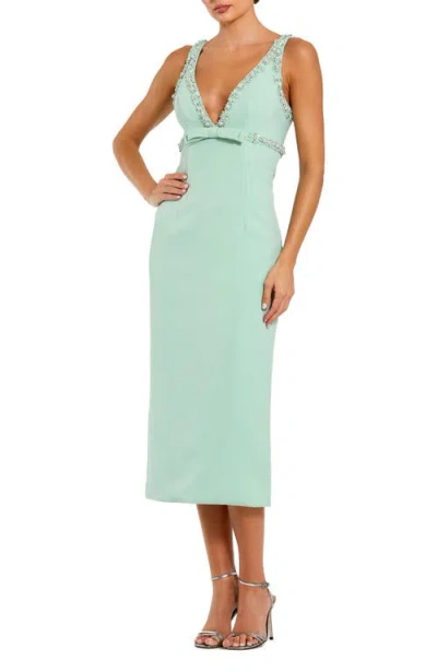 Mac Duggal Crepe Fitted Midi Dress With Bow And Beaded Trim In Sage