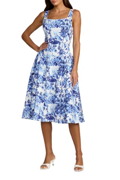 Mac Duggal Crepe Floral Square Neck Sleeveless Midi Dress In Multi