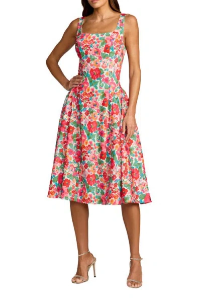 Mac Duggal Crepe Floral Square Neck Sleeveless Midi Dress In Multi