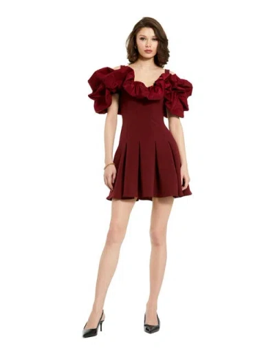 Mac Duggal Crepe Godet Hem Mini Dress With Faille Ruffle In Oxblood