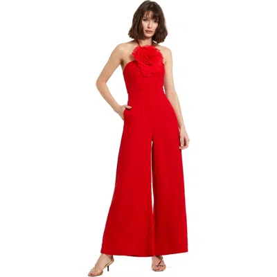 Mac Duggal Flower Embellished Crepe Halter Neck Jumpsuit In Cherry