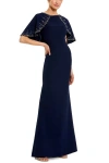 Mac Duggal Crepe High Neck Fitted Gown With Beaded Shawl In Blue