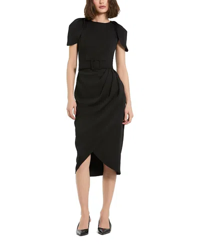 Mac Duggal Crepe High Neck Midi Tulip Dress With Belt In Black