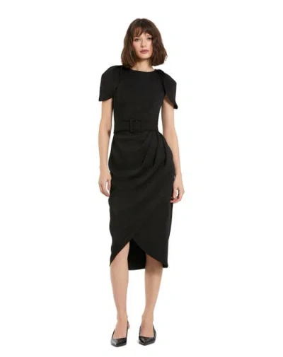 MAC DUGGAL MAC DUGGAL CREPE HIGH NECK MIDI TULIP DRESS WITH BELT
