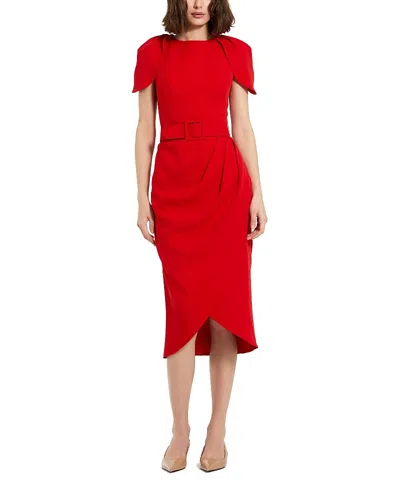Mac Duggal Crepe High Neck Midi Tulip Dress With Belt In Cherry