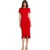 Mac Duggal Crepe High Neck Midi Tulip Dress With Belt In Cherry