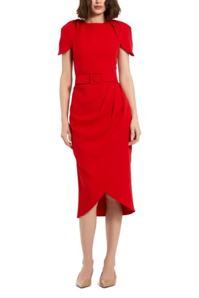 Mac Duggal Crepe High Neck Midi Tulip Dress With Belt In Red