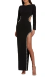 Mac Duggal Crepe Long Sleeve Gown With Beaded Cut Outs In Black