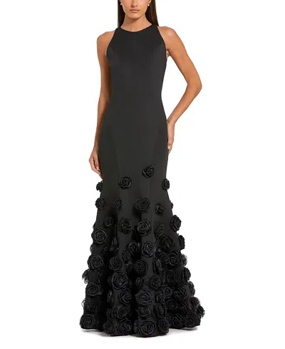 Mac Duggal Crepe Mermaid Gown With 3d Floral Hem In Black