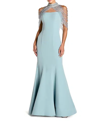 Mac Duggal Crepe Mermaid Gown With Beaded Shawl In Blue