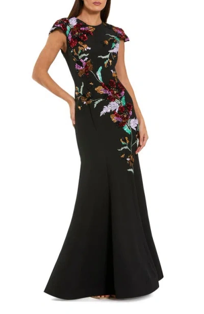 Mac Duggal Crepe Mermaid Gown With Floral Embroidery In Multi