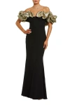 Mac Duggal Crepe Mermaid Gown With Off The Shoulder Ruffle In Blue