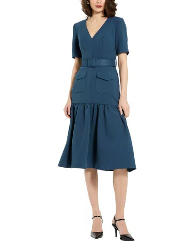 Mac Duggal Belted Crepe Midi Dress With Pockets In Deep Blue