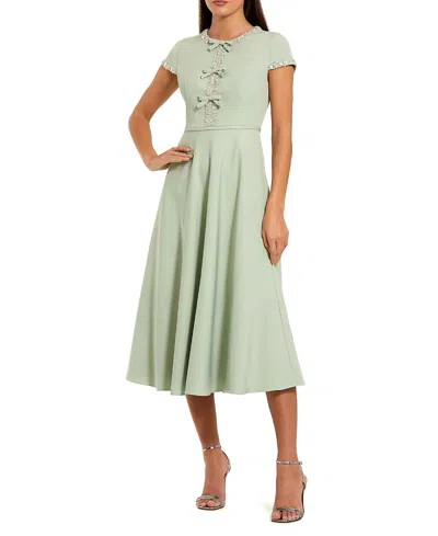 Mac Duggal Crepe Midi Dress With Rhinestone Beading In Green