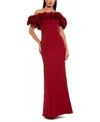Mac Duggal Crepe Off The Shoulder Column Gown With 3d Roses In Red