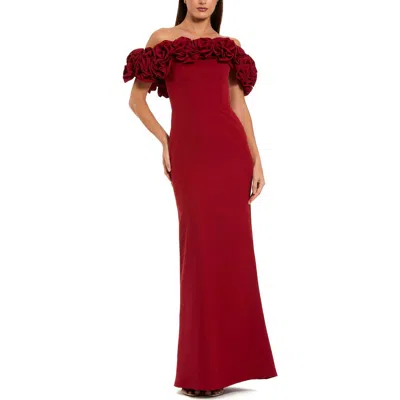 MAC DUGGAL MAC DUGGAL CREPE OFF THE SHOULDER COLUMN GOWN WITH 3D ROSES