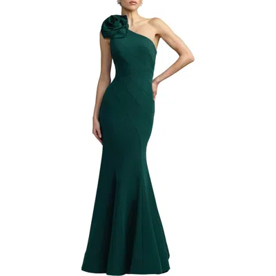 Mac Duggal Crepe One Shoulder 3d Flower Mermaid Gown In Emerald