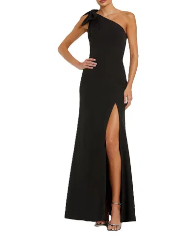 MAC DUGGAL CREPE ONE SHOULDER FITTED GOWN WITH BOW