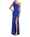 Mac Duggal Crepe One Shoulder Fitted Gown With Bow In Blue