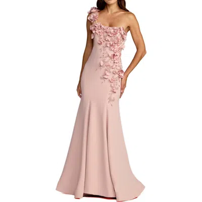 Mac Duggal Crepe One Shoulder Floral Embellished Mermaid Evening Gown In Pink