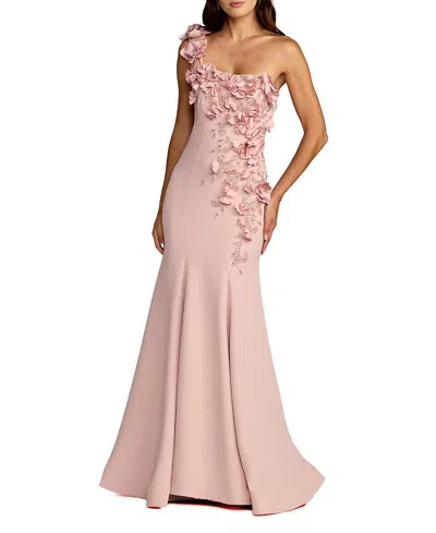 Mac Duggal Crepe One Shoulder Floral Embellished Mermaid Evening Gown In Pink