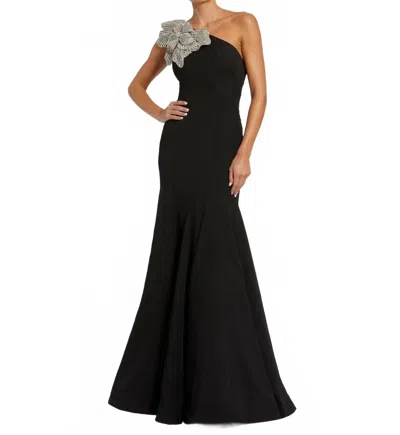 Mac Duggal Crepe One Shoulder Gown With Crystal Flower In Black