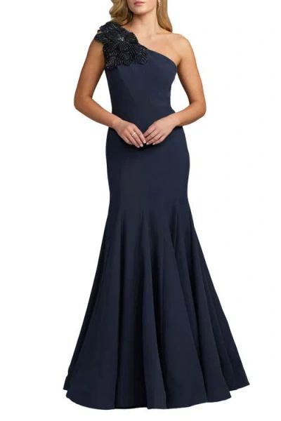 Mac Duggal Navy Crepe One Shoulder Gown With Crystal Flower In Multi