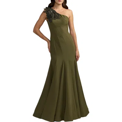 Mac Duggal Green Crepe One Shoulder Gown With Crystal Flower