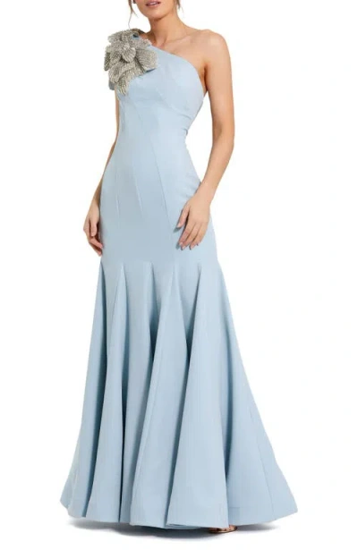Mac Duggal One Shoulder Flower Detailed Gown In Powder Blue