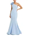 Mac Duggal Crepe One Shoulder Mermaid Gown With 3d Flower In Blue