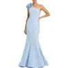 Mac Duggal Crepe One Shoulder Mermaid Gown With 3d Flower In Blue
