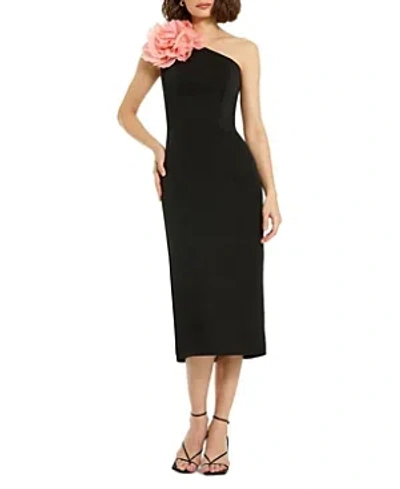 MAC DUGGAL CREPE ONE SHOULDER MIDI DRESS WITH FLOWER