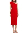 Mac Duggal Crepe One Shoulder Midi Dress With Flower In Cherry