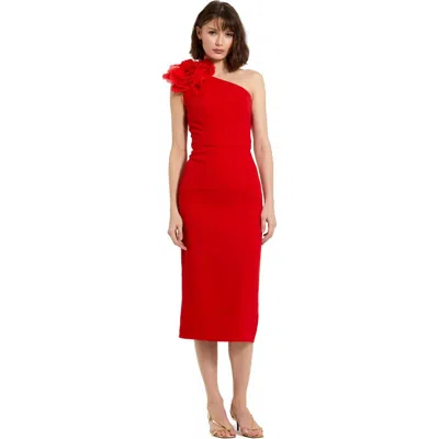 MAC DUGGAL MAC DUGGAL CREPE ONE SHOULDER MIDI DRESS WITH FLOWER
